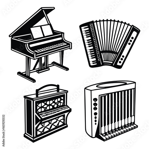 A Collection of Musical Instruments in Black and White Grand Piano Accordion Organ and Electronic Keyboard Illustration