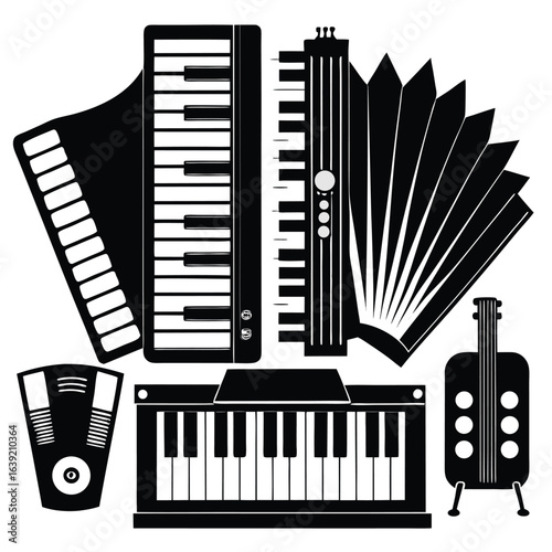 Musical Harmony A Black and White Symphony of Piano Accordion and Guitar A Celebration of Musical Instruments