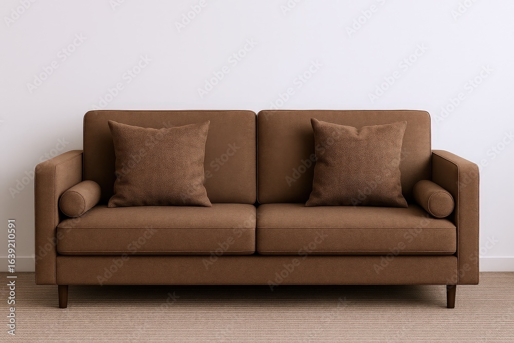 Fototapeta premium Comfortable Brown Sofa with Textured Cushions and Bolster Accent, Modern Living Room Furniture Display