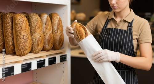 A baker packing a loaf of fresh artisan bread in a bakery setting ready for sale.