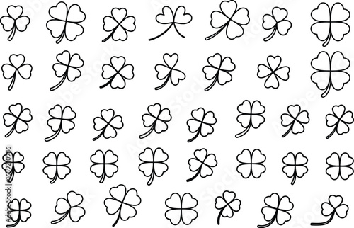 Four leaf clover seamless outline pattern, lucky shamrock illustration, botanical plant art, St Patrick day symbol, Irish culture green nature background