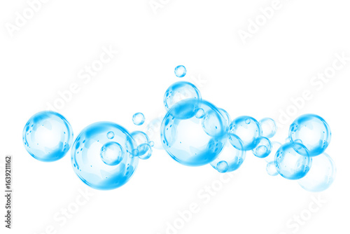 Transparent blue soap bubbles with glossy surface, floating in the air with light reflection. Delicate round sphere with crystal clear liquid drop effect. Shiny water element, clean and bright, flying
