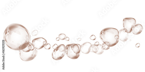 Transparent chocolate brown soap bubbles with glossy surface, floating in the air with light reflection. Delicate round sphere with crystal clear liquid drop effect. Shiny water element, clean and bri
