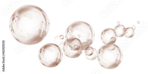 Transparent chocolate brown soap bubbles with glossy surface, floating in the air with light reflection. Delicate round sphere with crystal clear liquid drop effect. Shiny water element, clean and bri