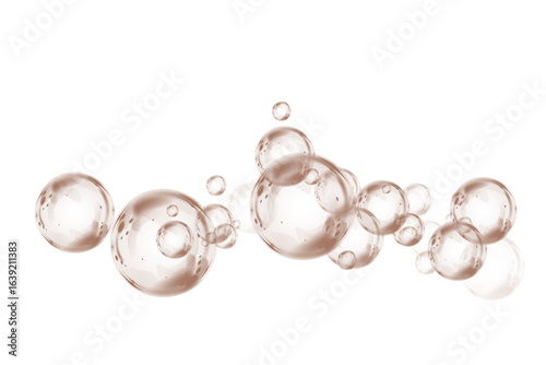 Transparent chocolate brown soap bubbles with glossy surface, floating in the air with light reflection. Delicate round sphere with crystal clear liquid drop effect. Shiny water element, clean and bri