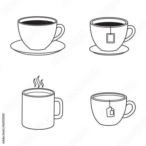 Four cups of tea in different styles black and white line art