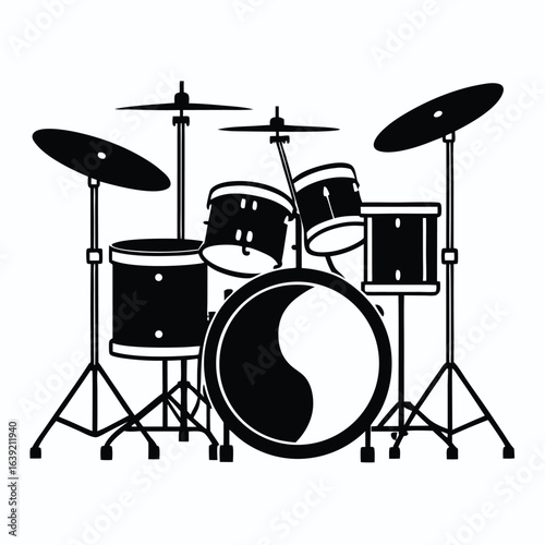 Monochromatic Drum Set Illustration Captures Musical Essence and Rhythmic Power Black and White Design Showcasing Percussion Instrument