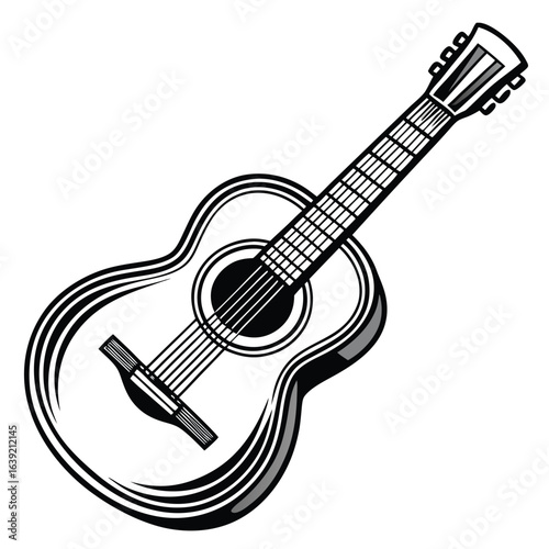 Detailed Line Art Depiction of an Acoustic Guitar Classical Musical Instrument with Sound Hole Strings and Tuning Pegs