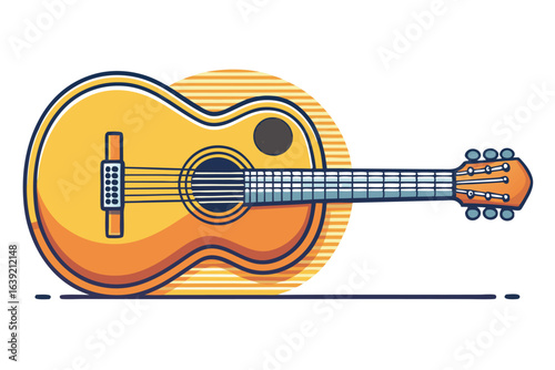 Detailed Line Art Depiction of an Acoustic Guitar Classical Musical Instrument with Sound Hole Strings and Tuning Pegs