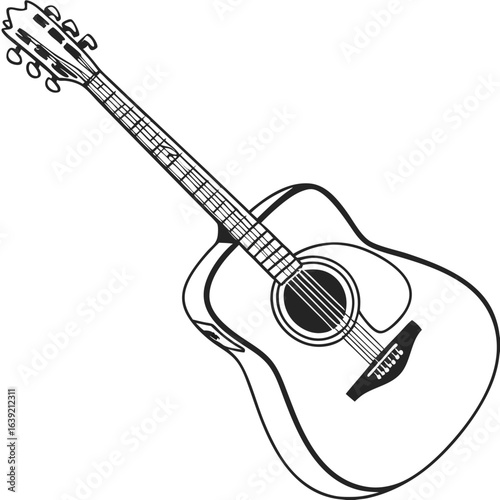 Detailed Line Art Depiction of an Acoustic Guitar Classical Musical Instrument with Sound Hole Strings and Tuning Pegs