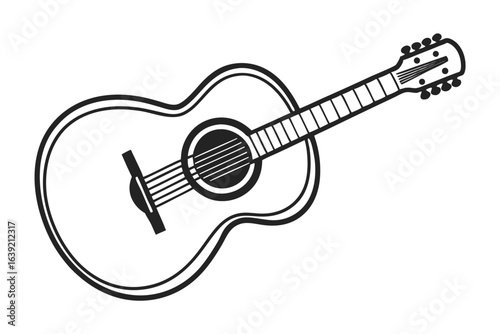 Detailed Line Art Depiction of an Acoustic Guitar Classical Musical Instrument with Sound Hole Strings and Tuning Pegs