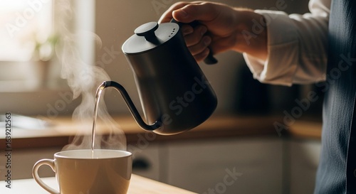 A man pours hot water from a gooseneck kettle into a cup.