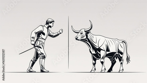 Modern Bull Market Finance Concept with Stylized Man and Bull Illustration