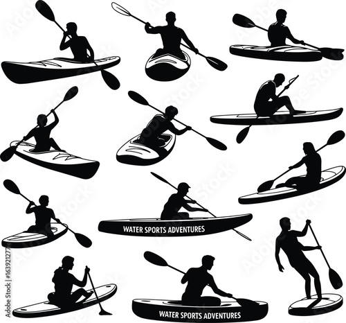 Kayak silhouette collection, canoe paddling vector, water sports adventure icons, kayaking and canoeing illustration, outdoor river activities, paddle boarding graphic design elements