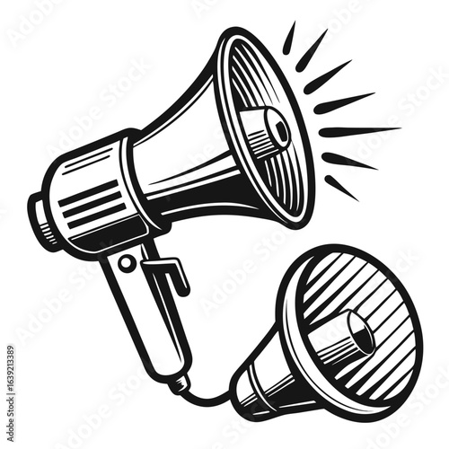 Bold Black and White Illustration Featuring a Megaphone and Microphone Depicting Communication and Audio Technology