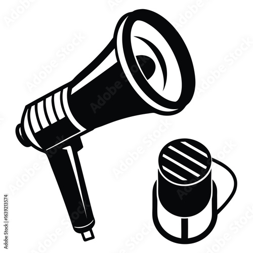 Bold Black and White Illustration Featuring a Megaphone and Microphone Depicting Communication and Audio Technology