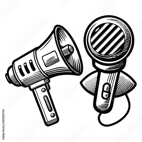 Bold Black and White Illustration Featuring a Megaphone and Microphone Depicting Communication and Audio Technology