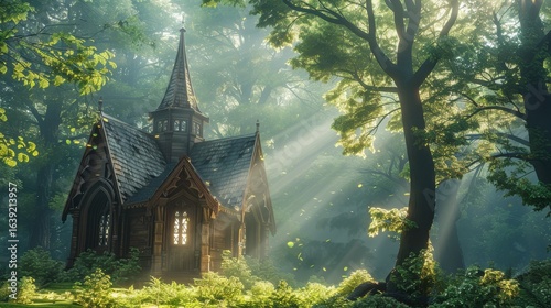 Charming wooden chapel surrounded by lush green forest, illuminated by enchanting sun rays streaming through the trees.