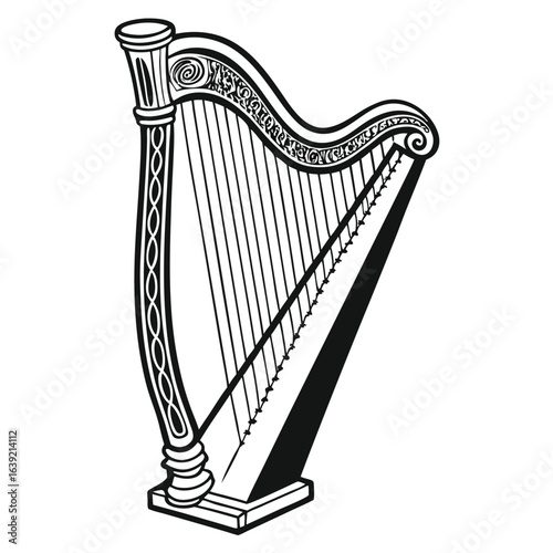 Elegant Black and White Harp Illustration Musical Instrument Design with Intricate Details and Classic Appeal for Art and Design