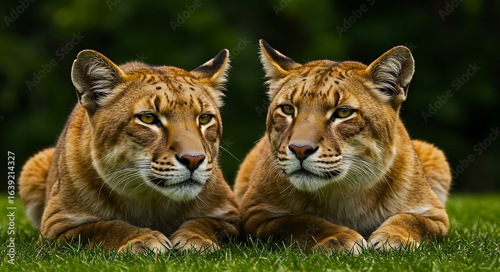 Obraz premium Photo of two majestic lions rest on the grass, their powerful presence and regal beauty capturing the essence of african wildlife and the strength of nature