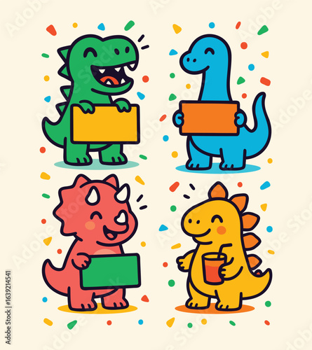 Cute cartoon dinosaurs with blank signs and confetti T-Rex, Brachiosaurus, Triceratops, and Stegosaurus in colorful kids illustration