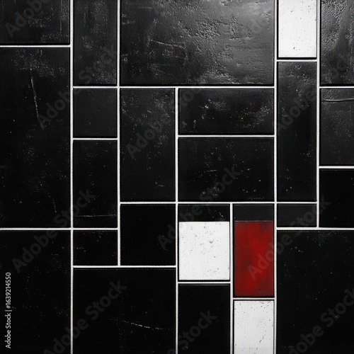 Abstract geometric pattern of black, white, and red rectangular tiles arranged in a grid with visible grout lines
