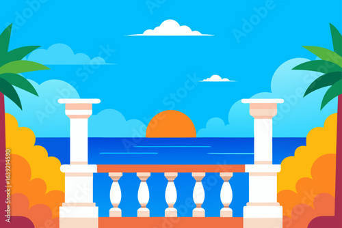 Balcony view of ocean and sunset scene art