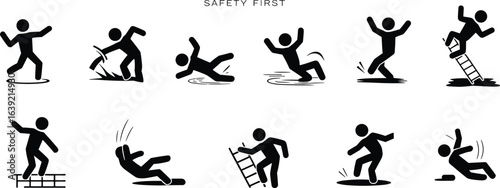 Workplace safety hazards prevention, slip trip fall warning, ladder danger, wet floor, tripping over obstacles, caution signs, injury prevention, safety first illustration