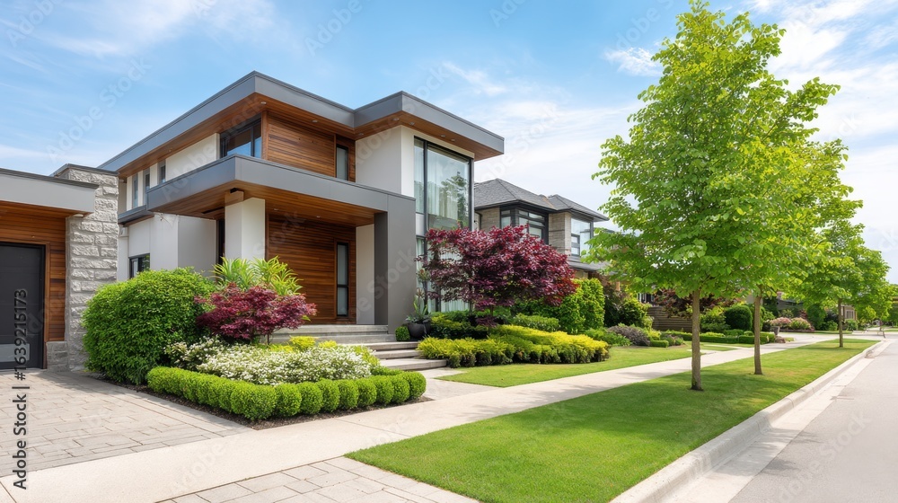 Naklejka premium Modern residential architecture with contemporary design, lush landscaping, and clean lines in suburban neighborhood