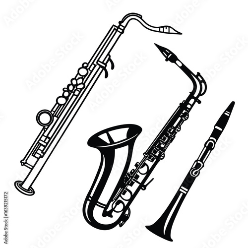 A Collection of Woodwind Instruments Displaying a Unique Musical Ensemble with Artistic Flair and Intricate Details in Black and White