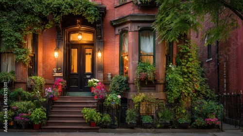 Charming Victorian Brownstone with Lush Greenery, Vibrant Flowers and Warm Lighting in Urban Neighborhood
