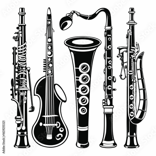 A Collection of Woodwind Instruments Displaying a Unique Musical Ensemble with Artistic Flair and Intricate Details in Black and White