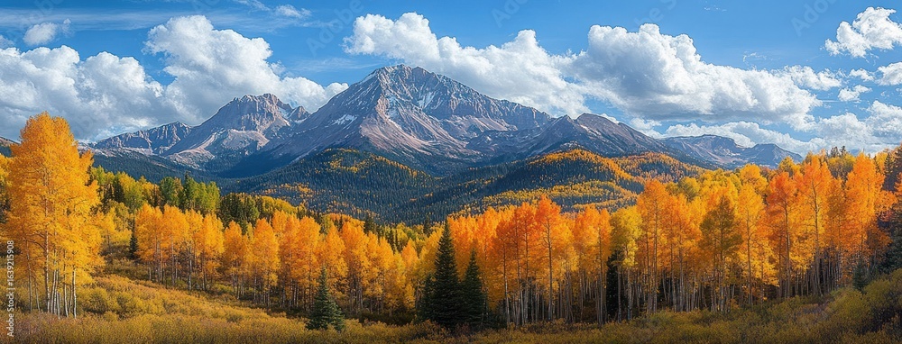 Obraz premium Vibrant autumn landscape with golden yellow trees in foreground and towering rocky mountains under a partly cloudy blue sky