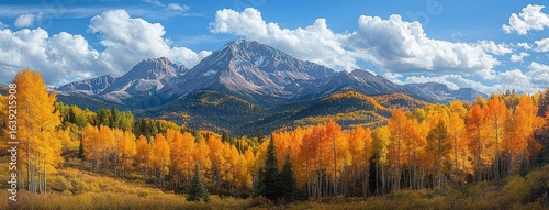 Vibrant autumn landscape with golden yellow trees in foreground and towering rocky mountains under a partly cloudy blue sky