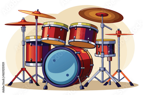 A Vibrant Cartoon Drum Kit Displaying Red Drums and Cymbals on Stands against White Background