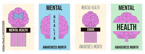 Mental Health awareness month. Vector illustration simple flat brain and shredder. Mental Health poster cover set. Collection of Mental Health background placard cover. EPS 10