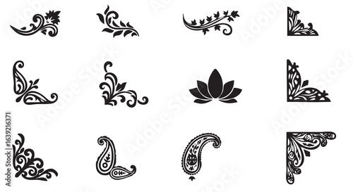 Icon sheet of decorative paper and canvas corners featuring multiple variations of curved line ornaments.