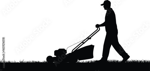 Man mowing lawn silhouette, grass cutting, garden maintenance, landscaping work, outdoor gardening activity, lawn care, black vector art, flat design