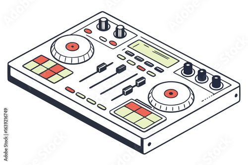 Monochrome Illustration of a DJ Controller Device for Electronic Music Production and Performance with Turntable and Faders