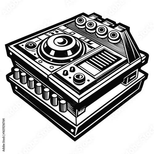 Monochrome Illustration of a DJ Controller Device for Electronic Music Production and Performance with Turntable and Faders