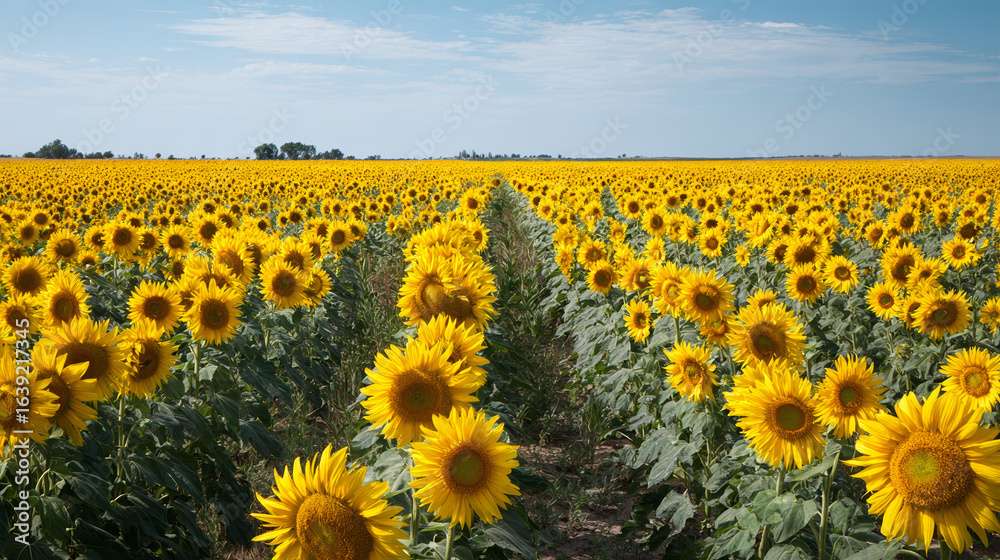 Obraz premium A vast agricultural field of blooming sunflowers stretching to the horizon under a sunny blue sky. A scenic summer landscape.