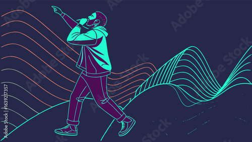 Illustration of rapper performing on stage with sound waves in neon colors for music event design