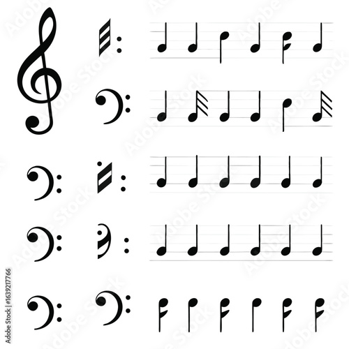 Diverse Musical Notation Collection Displaying Clefs Rests and Rhythmic Patterns for Composition and Performance across Various Instrumental Ranges