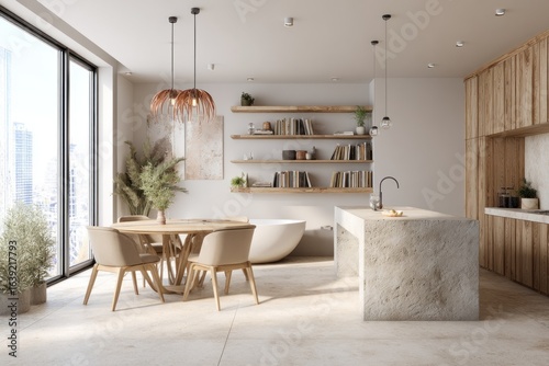 Modern, open-plan kitchen and dining area with city views