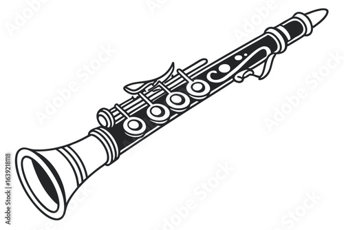 Sleek Black and White Clarinet Illustration Capturing the Elegance and Musicality of this Classic Woodwind Instrument with Intricate Key Details