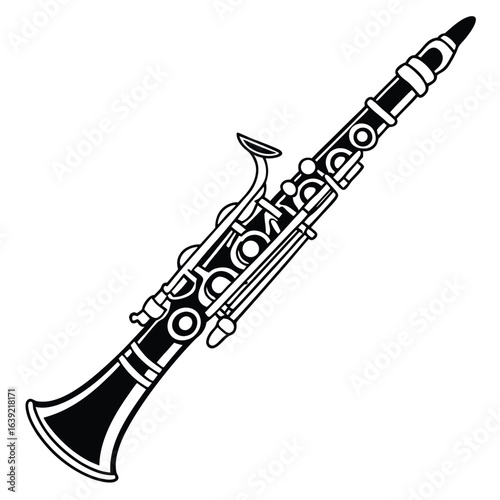 Sleek Black and White Clarinet Illustration Capturing the Elegance and Musicality of this Classic Woodwind Instrument with Intricate Key Details