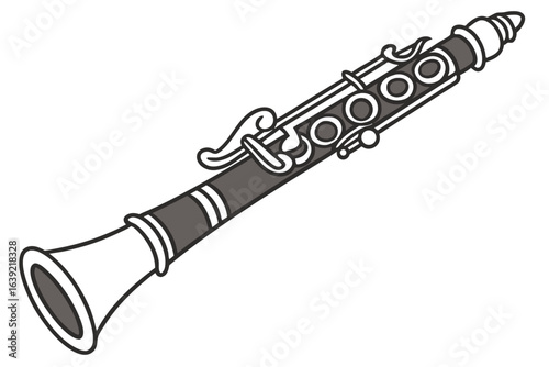 Sleek Black and White Clarinet Illustration Capturing the Elegance and Musicality of this Classic Woodwind Instrument with Intricate Key Details
