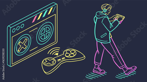 Neon gamer illustration with controller and screen for esports and online gaming content creation