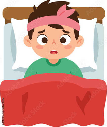 Sick child lying in bed with red blanket and pink headband feeling unwell vector illustration 