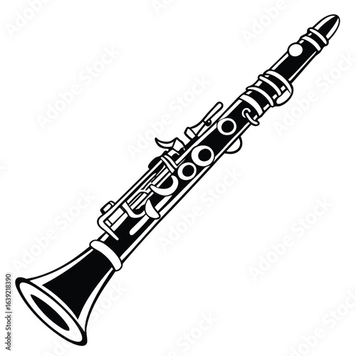 Sleek Black and White Clarinet Illustration Capturing the Elegance and Musicality of this Classic Woodwind Instrument with Intricate Key Details
